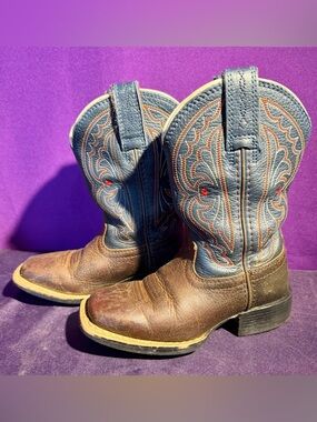 Ariat Youth Boys Youth 8 Square Toe Western Cowboy Boots Brown Blue Leather